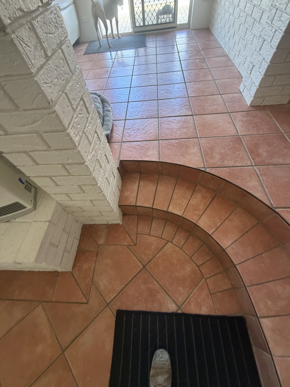 Original tiled living-area steps from another angle